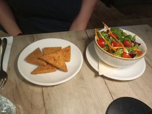 Fried tofu as side with salat at Manna 68 in Gdansk