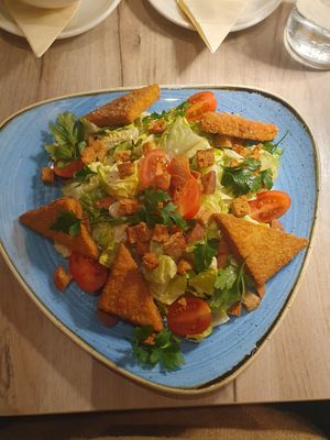 Caesar Salad. The Caesar dressing is made from soya and cashews, and served marinated tofu. at Manna 68 in Gdansk