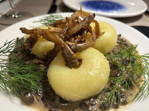 Silesian Dumplings served with Wild Mushroom Sauce  at Manna 68 in Gdansk