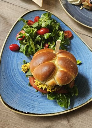 Brioche burger with tofu scramble at Manna 68 in Gdansk