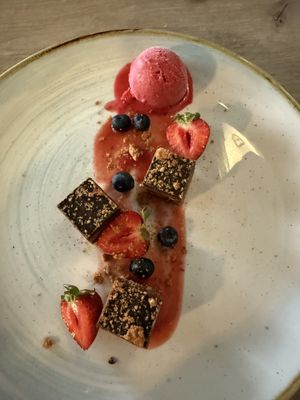 Peanut butter and chocolate with strawberry sorbet   at Manna 68 in Gdansk