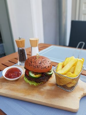 Bean and mushroom burger with fries and ketchup - 27zloti at Manna 68 in Gdansk