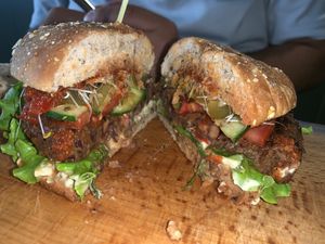 Bean burger cut in half at Manna 68 in Gdansk