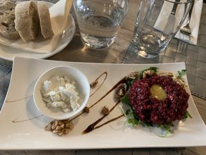 Beet tartar, cheese on the side at Manna 68 in Gdansk