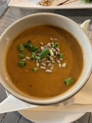 Soup of the day, vegan creamy squash and tomato at Manna 68 in Gdansk