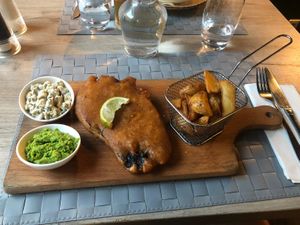 Vegan fish and chips (made with eggplant!) at Manna 68 in Gdansk