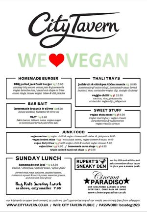 Vegan menu at City Tavern in Newcastle Upon Tyne