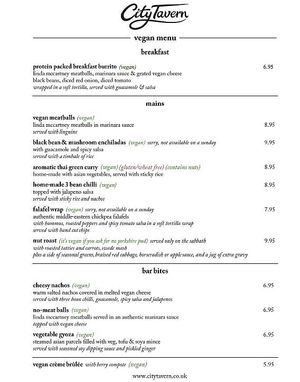 Vegan menu (from social media) at City Tavern in Newcastle Upon Tyne