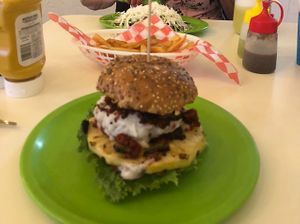 Beyond Burger with everything  at Antojito Con Amor in Cancun