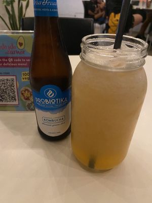 Agua de melón (cantaloupe) and kombucha  at Antojito Con Amor in Cancun