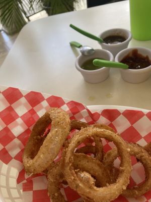 Onion rings and three sauces  at Antojito Con Amor in Cancun