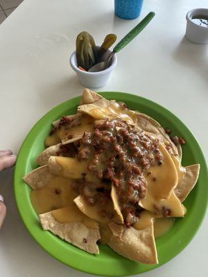 Chorizo nachos lots of cheese, very savory  at Antojito Con Amor in Cancun