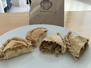 Enpanadas: potato on the left, soy on the right  at NITA Vegan Bakery in Buenos Aires