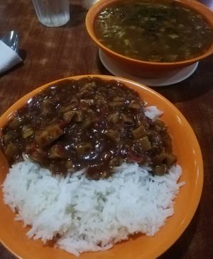 Tofu with minced vegemeat. Satay noodle soup. (Just ok) at 101 Hawker Food House in Makati