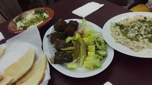 Hummus, baba ganoush, falafel, dolmas, salad, pita... mmmmmmmmm! at Al Rayan Restaurant & Market in Murfreesboro
