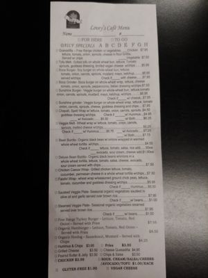 Menu at Lovey's Natural Foods and Cafe in Wilmington