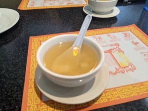 Free tofu miso while you look at the menu at Chef Kenny's Asian Vegan Cuisine in Las Vegas