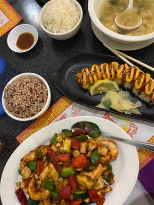 Kung pao shrimp, spicy tuna roll, miso soup at Chef Kenny's Asian Vegan Cuisine in Las Vegas