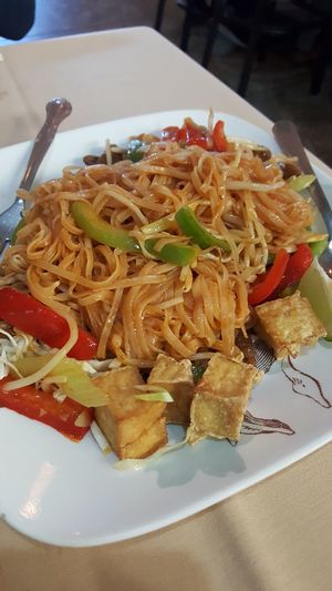Spicy Pad Thai (includes tofu, beef, chicken, and shrimp!!) at Chef Kenny's Asian Vegan Cuisine in Las Vegas