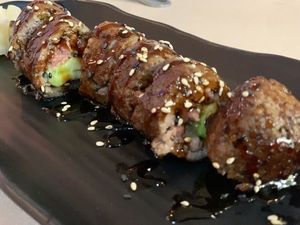 Medium rare steak roll at Chef Kenny's Asian Vegan Cuisine in Las Vegas
