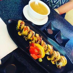 Side soup and sushi roll  at Chef Kenny's Asian Vegan Cuisine in Las Vegas