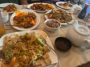 All our dishes! Pad Thai in front of me.  at Chef Kenny's Asian Vegan Cuisine in Las Vegas