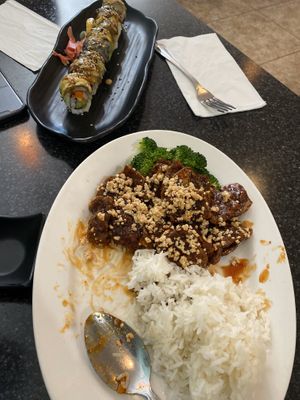 Dragon roll and spicy crispy beef  at Chef Kenny's Asian Vegan Cuisine in Las Vegas