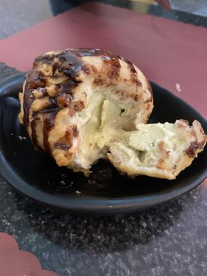 Fried green tea ice cream with chocolate sauce at Chef Kenny's Asian Vegan Cuisine in Las Vegas