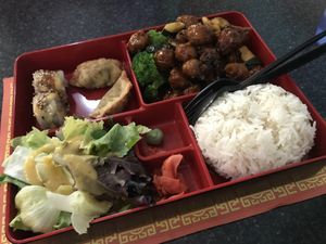Bento box lunch special with General Tso’s chicken. at Chef Kenny's Asian Vegan Cuisine in Las Vegas