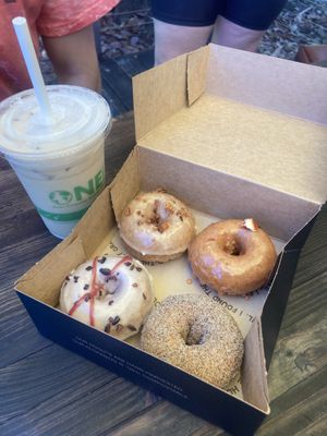 Tasting box and draft latte  at Holey Grail Donuts - Food Truck in Hanalei