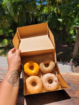 (Lilikoi, Chaga Chai, Classic glazed, Hail Mary) I didn't try Miso Honey becuase of the honey but all 4 that I did have were delicious! The Lilikoi flavor was my favorite! at Holey Grail Donuts - Food Truck in Hanalei
