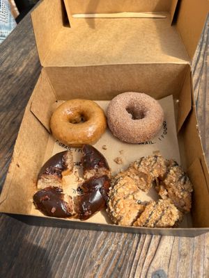 4 donut flavors (we cut 2 up before remembering to take a pic) at Holey Grail Donuts - Food Truck in Hanalei