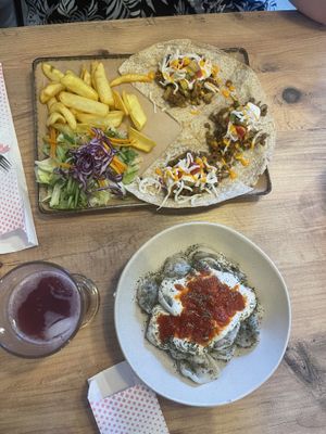 we had the taco chips salad and turkish dumplings with kombucha,   at Vegan House in Antalya