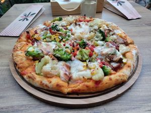 Veg pizza with lots of topping at Vegan House in Antalya
