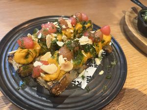 Carrot and butter bean focaccia   at Punch Bar and Tapas in Honley