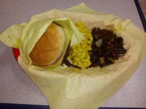 Veggie black bean burger, mac n cheese, and greens at Amber's Smoked Vegan in Las Vegas