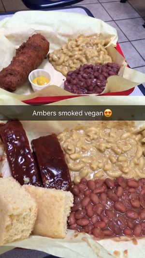 Top: Corn Dog, Mac n' cheese, and Rice and beans
Bottom: Ribs, cornbread,  Mac N' cheese, and baked beans at Amber's Smoked Vegan in Las Vegas