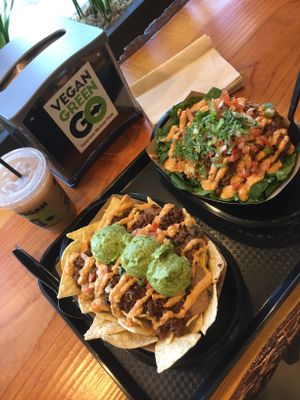 Al pastor nachos, barbacoa bowl, and hemp horchata. at Vegan GreenGO in Santa Barbara