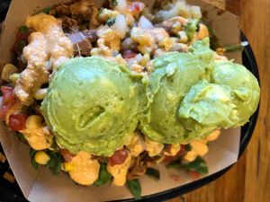 Salad bowl is pure vegan deliciousness! Barbacoa (Jackfruit) (GF), Chopped greens, Pico de Gallo, Onions, Cilantro, Jalapenos, Chipotle Crema (Made w/ Cashews) ❌🐐 no goat harm at Vegan GreenGO in Santa Barbara