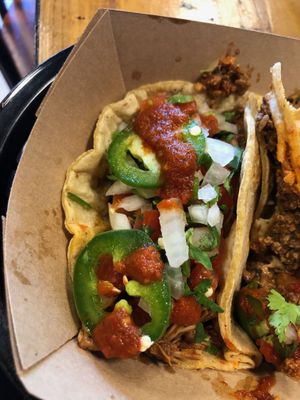 taco's with protein: "Carne Asada" (Wheat Protein Flour), Refried Beans, Potatoes & Bell Peppers ❌🐮 no cows harmed at Vegan GreenGO in Santa Barbara