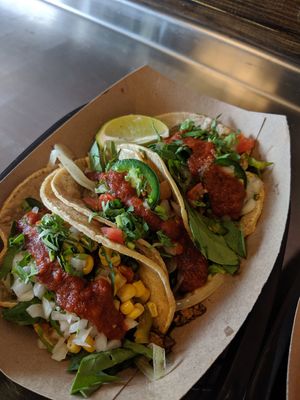 Three different tacos at Vegan GreenGO in Santa Barbara