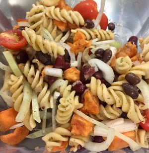 Special fusilli pasta with vinegar. Black beans, kidney beans, onions, cherry tomatoes, baked diced sweet potatoes (best!) at Take-Out Salad - Yew Tee in West Singapore