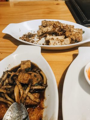 Mushrooms with Tofu in Black Pepper (left), Tofu with Lemongrass (at Top) at Chay Con Dao Healthy in Con Dao