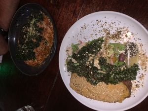 Eggplant moussaka and chick pea fettuccine  at Greenhouse Canteen & Bar in South Brisbane