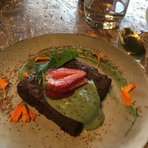Brownie with cashew cream at Greenhouse Canteen & Bar in South Brisbane