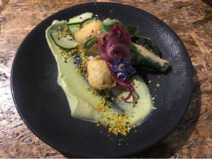 Elegant stuffed zucchini flowers  at Greenhouse Canteen & Bar in South Brisbane