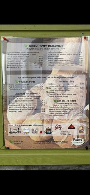 Breakfast menu - September 2021 at Pains D'exclamation in La Malbaie