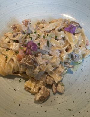 Vegan creamy pasta with seasonal produce at Gostilna Krištof in Kranj