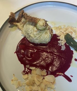 Brussel sprouts wrap with buckwheat and beet mousse at Gostilna Krištof in Kranj