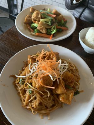 Pad Thai tofu, no egg, no fish sauce. (Front) Pad pakk, tofu no fish sauce (back) at Kittiwat Thai Kitchen in Frederick